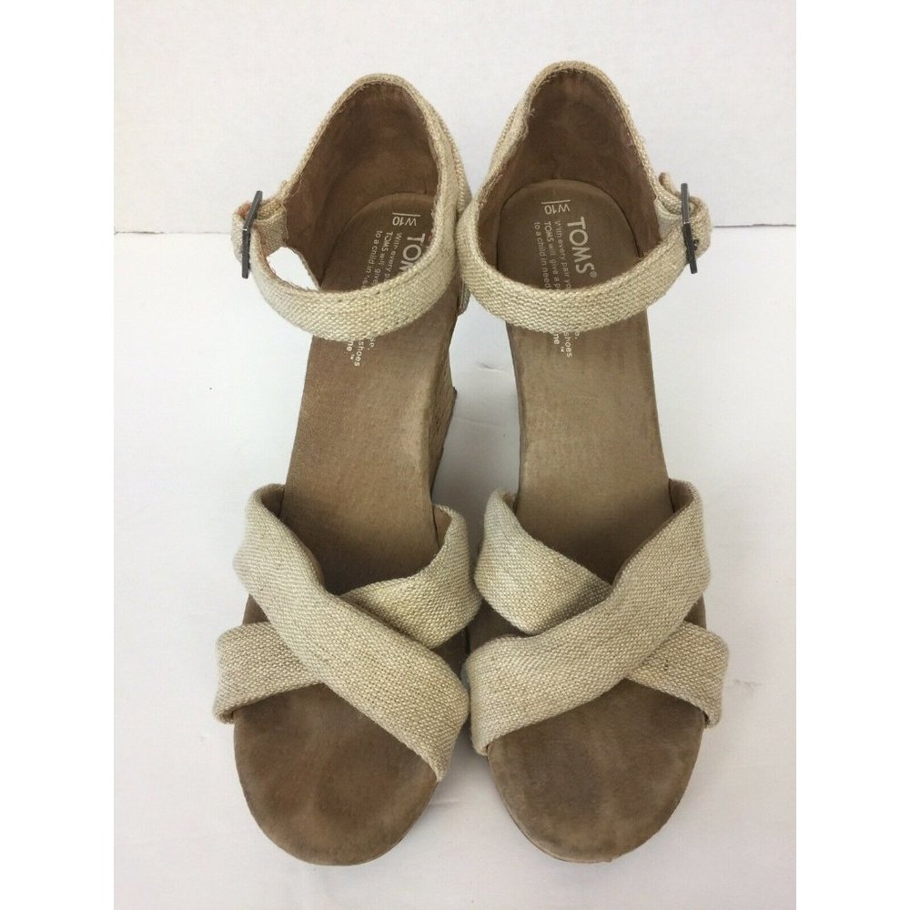 Toms Canvas & Cork Strappy Wedge Heel Size 10W Tan
